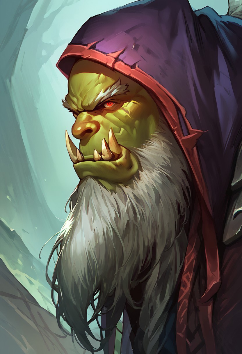 score_9,score_8_up,score_7_up, best quality, portrait, side view, 1boy, solo, guldan, orc, green skin, beard, hood, red eyes, muscular, face focus,