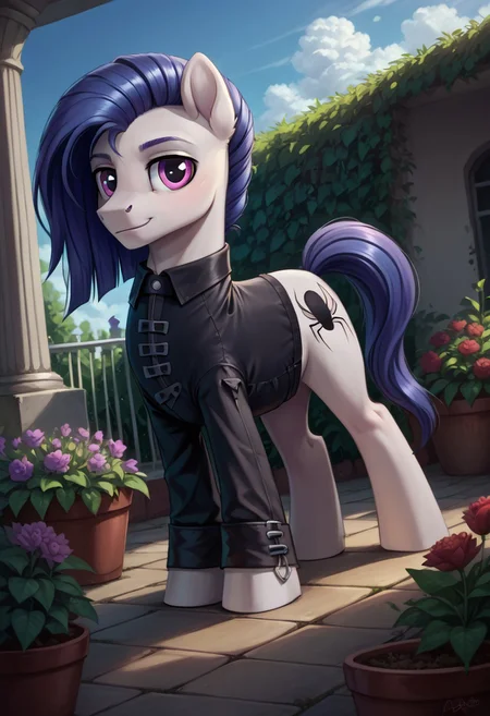 safe_pos, safe_pos, score_9, score_8_up, score_7_up, score_6_up, body light gray,
eyes red,
(mane and tail dark blue,:1.3)
eyelids gray,
earth pony,
man,
long hair,
Funnel Web,
realistic illustration, dramatic angle, outside, garden, (day), , solo, pony, my little pony, body, shiny skin, looking at you, happy playful, cheerful dramatic
solo