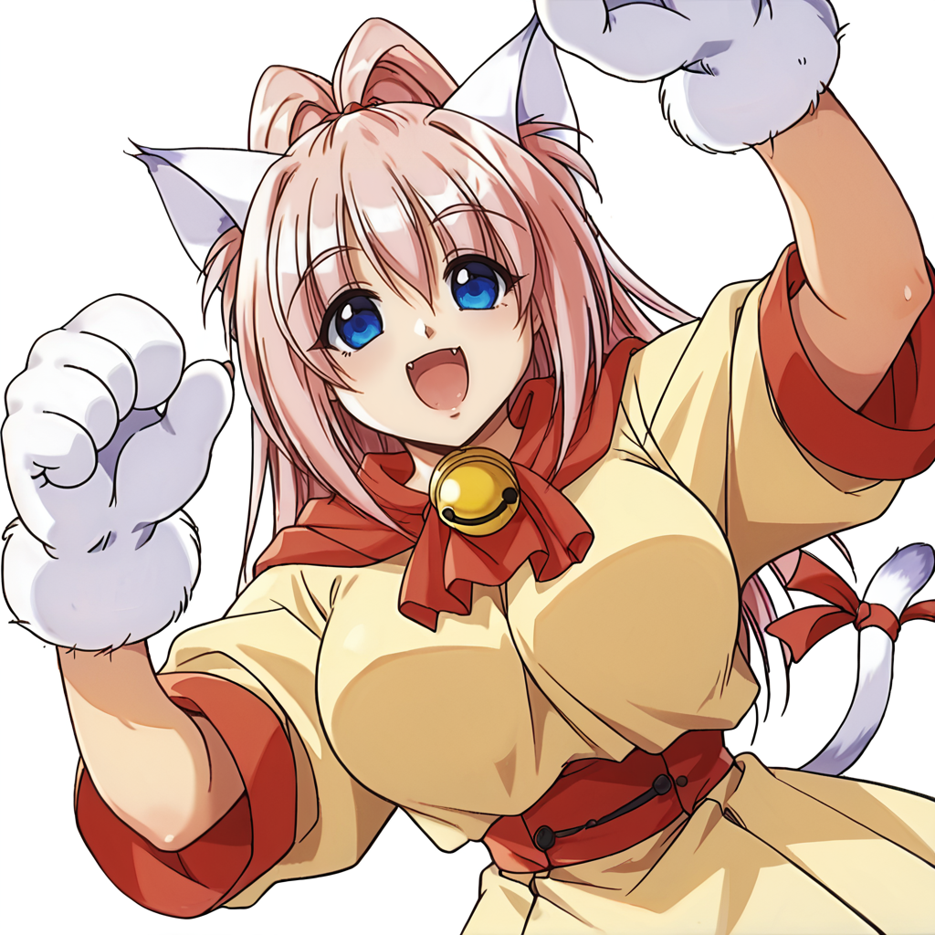 score_9, score_8_up, score_7_up,  absurdres, source_anime, 1girl, solo, beautiful eyes, detailed eyes, (white background, simple background:1.3),  from below ,  arms raised in the air, extend arms straight out ,
 Melody_Sinclair,   paw gloves, paw shoes, cat tail,  large breasts, 
smile, open mouth,  fang, highlights,
pink leotard,yellow dress,yellow skirt,red sash,red scarf,tail ribbon,neck bell,
 <lora:PerfectEyesXL:1> perfecteyes,  <lora:Melody_Sinclair_v1_rev3-000040:0.8>