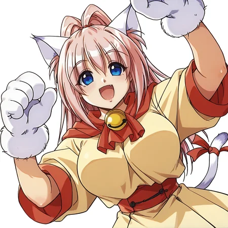 score_9, score_8_up, score_7_up, absurdres, source_anime, 1girl, solo, beautiful eyes, detailed eyes, (white background, simple background:1.3), from below , arms raised in the air, extend arms straight out ,
Melody_Sinclair, paw gloves, paw shoes, cat tail, large breasts,
smile, open mouth, fang, highlights,
pink leotard,yellow dress,yellow skirt,red sash,red scarf,tail ribbon,neck bell,
<lora:PerfectEyesXL:1> perfecteyes, <lora:Melody_Sinclair_v1_rev3-000040:0.8>