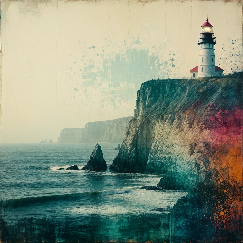 Atmospheric, moody. Double exposure. Color screenprint. Light leaking. Dry print, scraped.
An artistic, faded painting. faded Ink landscape. Ocean. Cliffs. Lighthouse. paisley patterns. Bohemian.
<lora:Screedex01_CE_XL_300-OT:0.6> scrdxCE_style