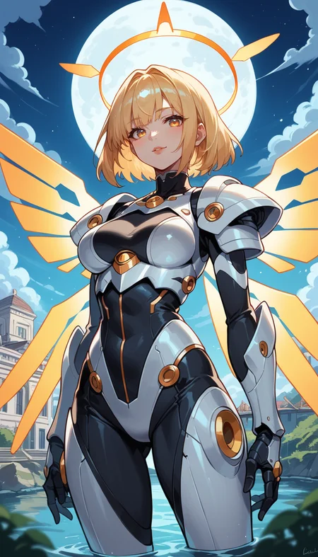 score_9, score_8_up, score_7_up, Anime Style, Cowboy Shot, mechangel girl, cute, seductive, innocent, light smile:0.3, plump lips, slender body, glowing wings, solo, glowing armor, glowing halo, building, glowing mechanical 4 wings light passing through hair, full moon night, lake background, depth of field, dynamic angle, fashion photography, sharp, hyperdetailed:1.15