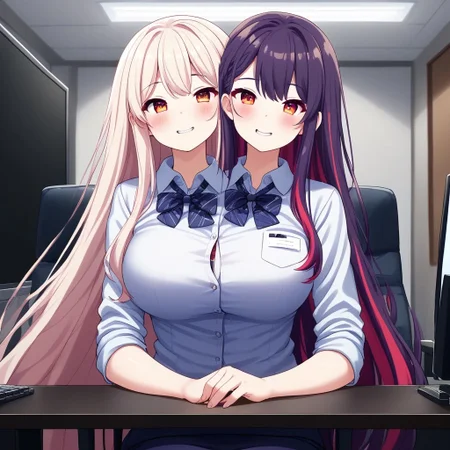8K, HD, colorful, easynegative, half body, close shot, upper body, conjoined, Japan anime, two heads, BREAK female, random color hair, random (((short hair, very long hair, very long straight hair, wave hair, thick hair, furry hair))), ((2 different hairstyles)), add random hair accessories, ((2 tones color of hairstyles)), (((2 tones color hair))), ((human)), anime, BREAK female, Office Lady uniform, lady, girl, office background, sitting on the chair, lighting