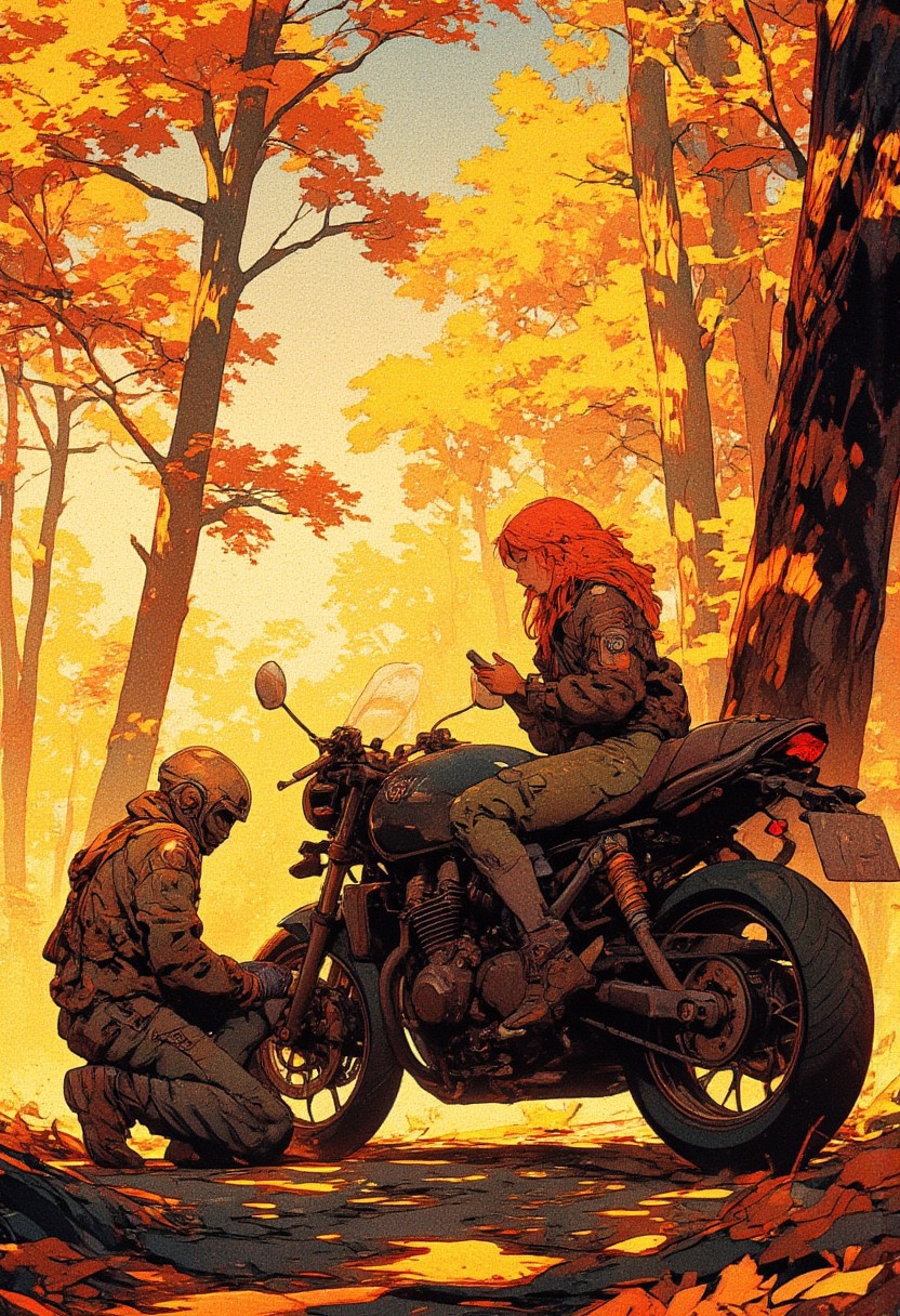 A warm autumn scene set in a dense forest bathed in golden sunlight, with leaves drifting gently through the crisp air. Two young women with adventurous spirits take a break with their sleek black motorcycle on a secluded forest path. One woman, with long red hair, sits casually on the bike, checking her phone, while the other, wearing a motorcycle helmet, kneels to inspect the bike’s rear wheel. The golden hues of the foliage contrast beautifully with the dark tones of the motorcycle and the deep shadows cast by the towering trees. The atmosphere is tranquil and cinematic, with soft light filtering through the trees, creating a nostalgic and peaceful mood. Digital painting with rich details, stylized brushstrokes, and a cozy autumnal color palette.
,  anime, cyberpunk