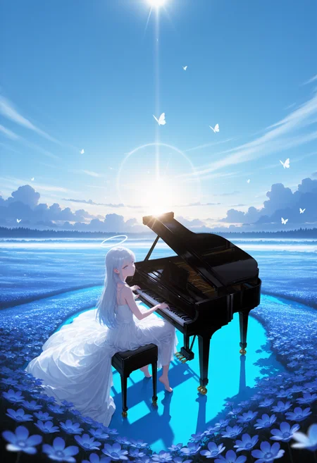 llv2-illu
masterpiece, wide shot, from above, depth of field, volumetric lighting, best quality, ultra-detailed, highly detailed, 1girl, long hair, silver hair, gradient hair, blue eyes, lips, eyelashes, playing piano, (piano bench), grand piano, futuristic piano, piano, field, flowers, blue sky, clouds, sunlight, godrays, ethereal, scenic background, serene, dreamy, flowing dress, asymmetrical dress, barefoot, butterflies, fantasy setting, solo, dramatic lighting, celestial, halo effect, nature