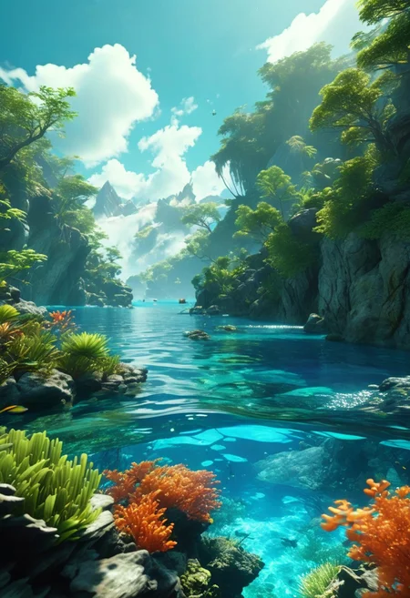 (ultra high res:1.4), (masterpiece), (beautiful lighting:1.4) , lush green forest, Mountains, Bright sunlight illuminates the crystal-clear blue water, (deep underwater), photorealistic, half above water and half below water, (clear underwater), beautiful sky with clouds and smoke, tropical fish, coral, depth,
Illuminated communication network,