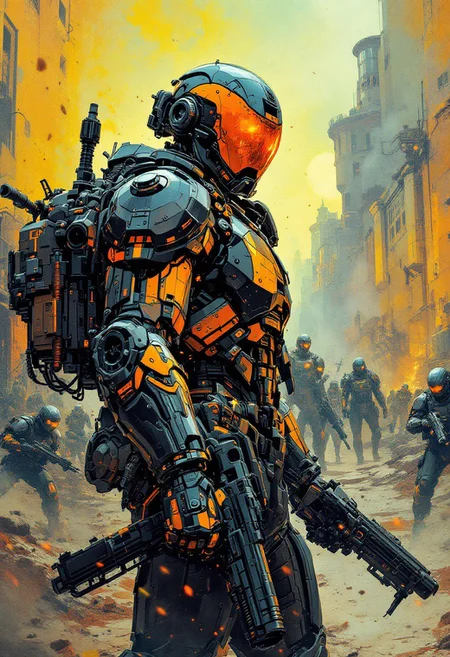 In a dystopian cyberpunk future, a mesmerizing propaganda poster beckons viewers to enlist in the military. Combining the gritty art style of Frank Frazetta with the futuristic flair of Moebius, the image features a cybernetically enhanced soldier, clad in sleek, reflective armor and wielding cutting-edge weapons. The intricate detailing, vivid colors, and dynamic composition elevate this digital painting to a level of unparalleled artistry, capturing the essence of a war-torn, technologically advanced world with stunning precision., cyberpunk art, auto-destructive art, soldiers and mech fight, berserk art style, image comics, metal gear movie still