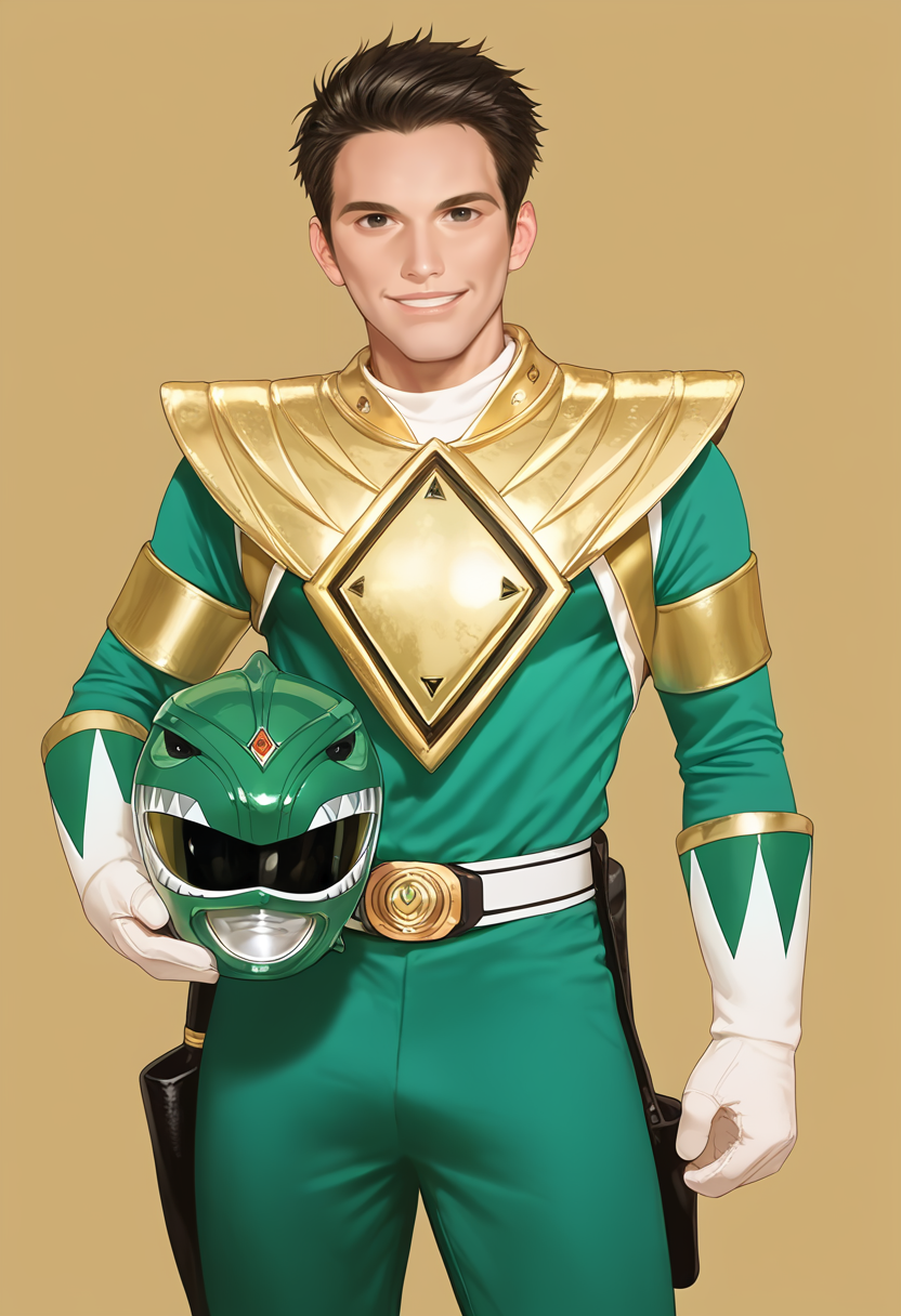 (score_9:0.9),score_8_up,score_7_up,anime style,rating_safe,<lora:Green Ranger ponyXL v2:0.7>,Green Ranger,1boy,male focus,helmet,solo,smile,black hair,standing,helmet removed,holding helmet,looking at viewer,