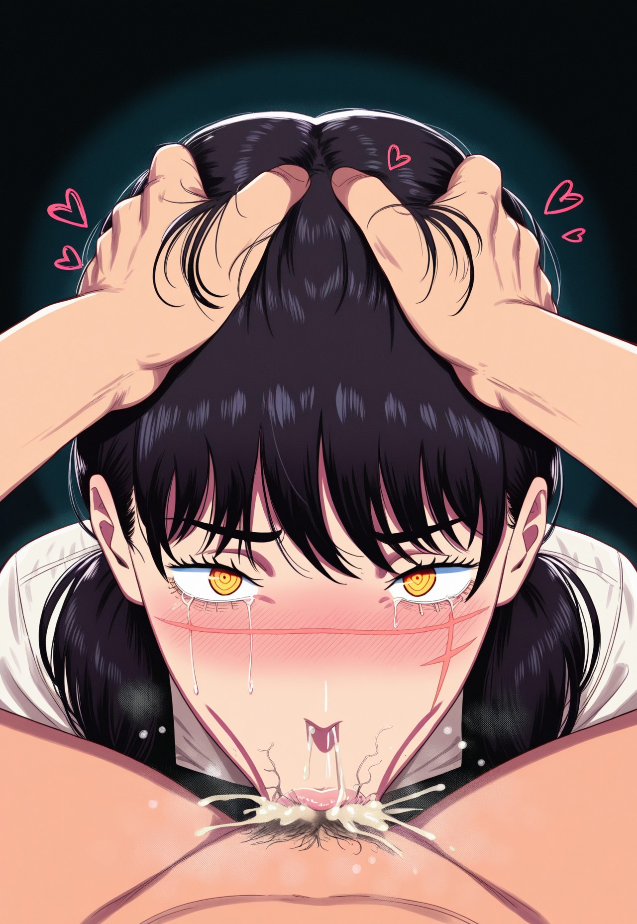safe_pos, safe_pos, masterpiece, fellatio, oral, hetero, grabbing another's hair, penis, cum in mouth, 1girl, black hair, pov, male pubic hair, irrumatio, , :>=, deepthroat, looking at viewer, mitaka asa, heart, low twintails, yellow eyes, long hair, stray pubic hair, yoru (chainsaw man), scar on face, , solo focus, tears, blush, nude, cum in nose