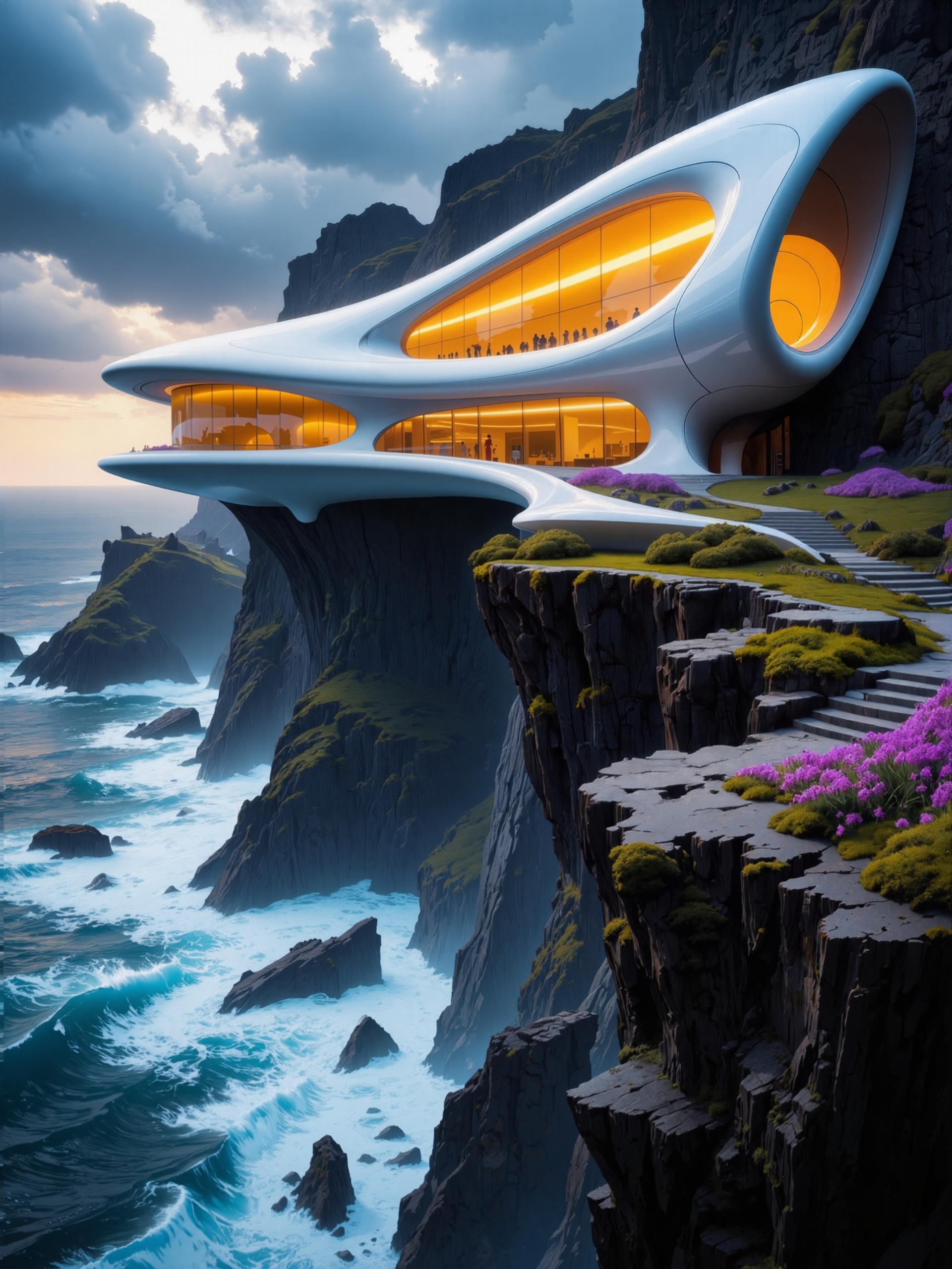 high resolution photo, ultra-detailed, architectural photography, awe-inspiring white building with organic curves, designed in the visionary style of santiago calatrava, the structure stands majestically on the edge of a towering cliff overlooking a stormy sea, its smooth, flowing surfaces contrast with the rugged, weathered rocks below, the background features dark, ominous storm clouds stretching across the sky, while powerful waves crash against the cliffside, sending white foam into the air, the distant horizon is barely visible through the mist and sea spray, in the foreground, a small rocky ledge juts out over the abyss, covered with a patch of wild thyme in bloom, its delicate purple flowers providing a subtle yet vibrant contrast to the harsh environment, the buildingâs large, curved windows emit a warm, golden light, creating a comforting glow against the cold, gray landscape, the light spills onto the smooth white surfaces, accentuating the structureâs fluid design and enhancing its futuristic elegance, wide-angle shot, slightly upward angle, emphasizing the buildingâs grandeur and the steep drop of the cliff, the thyme-covered ledge is in the lower third of the frame, guiding the eye towards the building, while the sea and sky add depth and scale, dramatic lighting, with the interplay of warm interior light and the cool, natural tones of the storm, occasional sun rays break through the clouds, casting subtle highlights on the building and the water, creating an ethereal ambiance, shot with a high-end medium format camera, exceptional sharpness and clarity, fine details in the thyme, the textures of the cliff, and the subtle reflections on the buildingâs white surfaces, masterful color balance capturing the tension between the cold storm and the warm sanctuary within, breathtaking sense of scale and beauty, <lora:faetastic_details-flux-by_faeia:0.76>