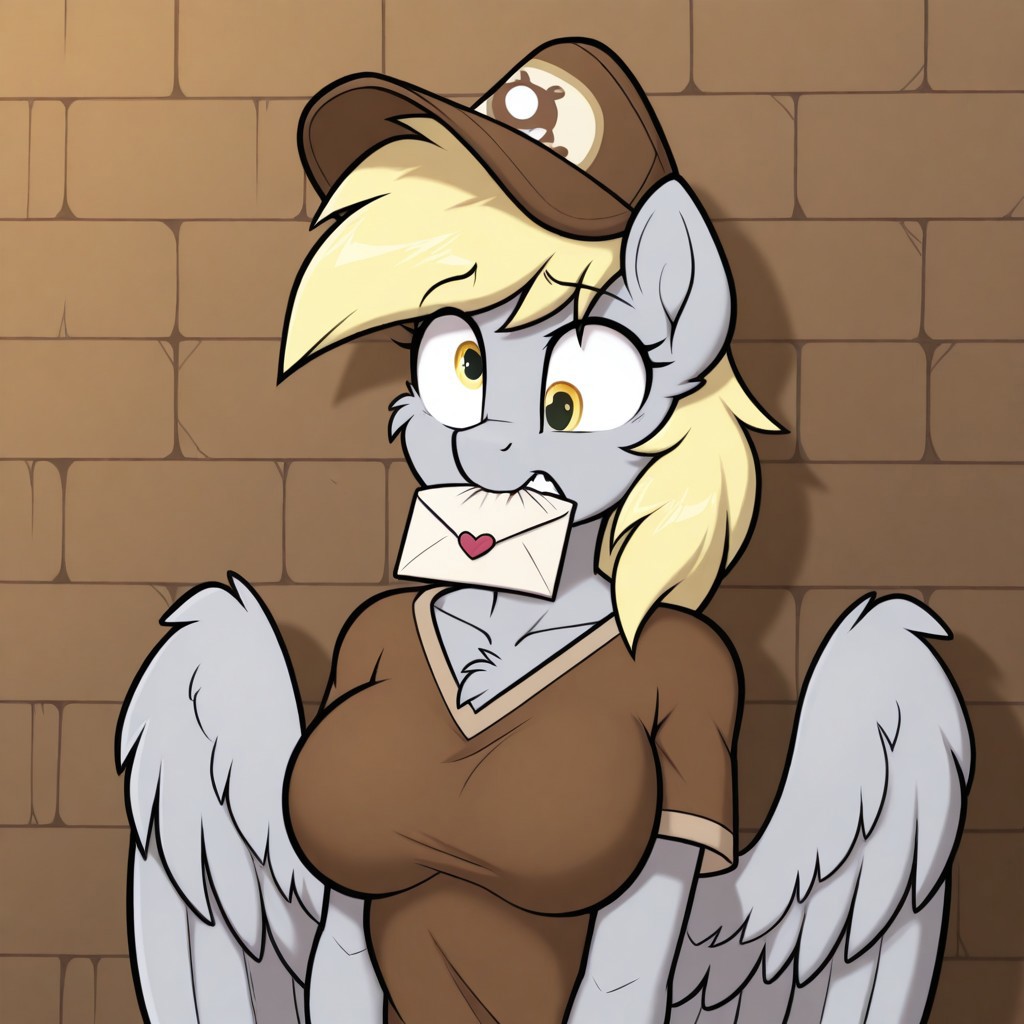 masterpiece, best quality, amazing quality,1girl,solo,ByHexteknik,furry,fur,body fur, ,medium breasts,dh-mlp, blonde hair, yellow eyes, gray body, ((derp eyes)), pony, pegasus, feathered wings,mailmare, brown shirt, brown baseball cap,(((wall-eyed))),unaligned_eyes,upper body,letter in mouth