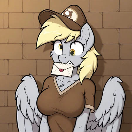 masterpiece, best quality, amazing quality,1girl,solo,ByHexteknik,furry,fur,body fur, ,medium breasts,dh-mlp, blonde hair, yellow eyes, gray body, ((derp eyes)), pony, pegasus, feathered wings,mailmare, brown shirt, brown baseball cap,(((wall-eyed))),unaligned_eyes,upper body,letter in mouth
