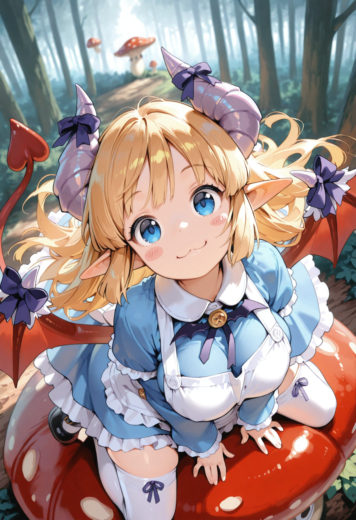 masterpiece, best quality, amazing quality, absurdres, perfect face,  20yo, contrast, soft lighting, curvy, large breasts, 1girl, depth of field,
alicemge, blonde hair, pointy ears, blue eyes, horn bow, long hair, tail bow, tail ribon, lace, frills, light purple horns, wing bow, segmented horns, demon tail, white thighhighs, wing ornament, demon girl, tail ornament, ribbon, zettai ryouiki, apron, mary janes, red tail, red wings, bat bowtie, demon wings, blue dress, low wings, blunt bangs,
blush stickers, smile, :3, from above, kneeling,
dynamic pose, dynamic angle, foreshortening, perspective, 
looking at viewer,  wonderland, forest, giant mushroom,  day, detailed background,
<lora:StS-Illustrious-Detail-Slider-v1.0:1> <lora:Dynamic lighting[IL]:0.6>  <lora:illustrious_quality_modifiers_masterpieces_v1:0.5>
 <lora:alicemge-000013:0.9> <lora:d\EnvyZoomSliderXL01:0.3>