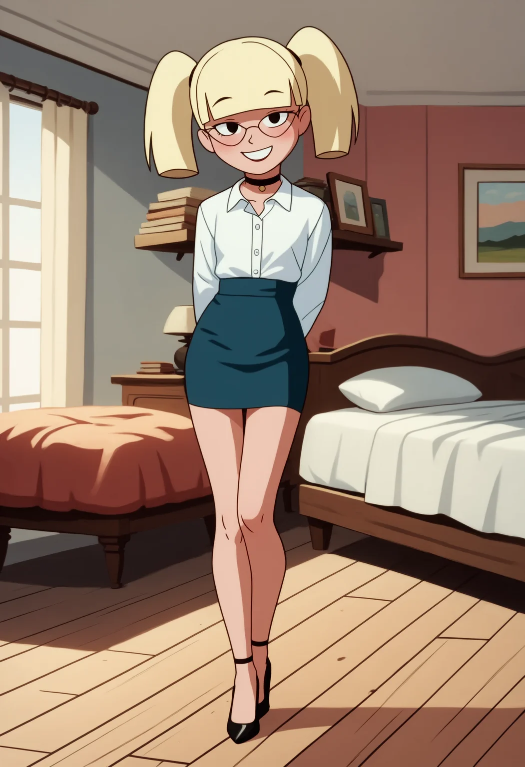 score_9, score_8_up, score_7_up, score_6_up, score_5_up, 1girl, solo, full body, rating_safe,
<lora:Mary Dahl Mature - Baby Doll (Batman the Animated Series - BTAS):1>
Mary_Dahl_Mature, (very short, short), black eyes, glasses, blonde hair, twintails, blunt bangs,
short dress, leggings,
choker, high heels, soft smile, blush, slim, small legs, small ears,
high heels,
detailed background, indoors, bedroom,
<lora:add-detail-xl:0.9>
<lora:light:1> neolight