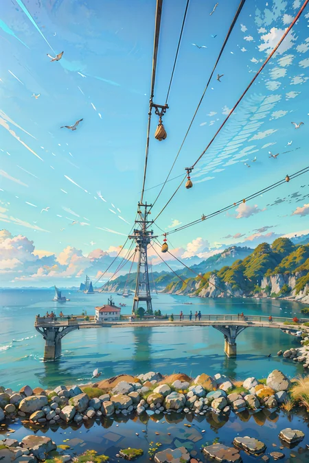 (masterpiece:1.3),(best quality:1.3),highres,vivid_color,colorful,ultra-detailed,masterpiece,extremely detailed CG unity 8k wallpaper,best quality,scenery,outdoors,<lora:Detailed_Places_R-128_v1:0.7>,scenery,outdoors,sky,water,bird,ocean,blue sky,building,watercraft,rock,cable car,viewing deck,