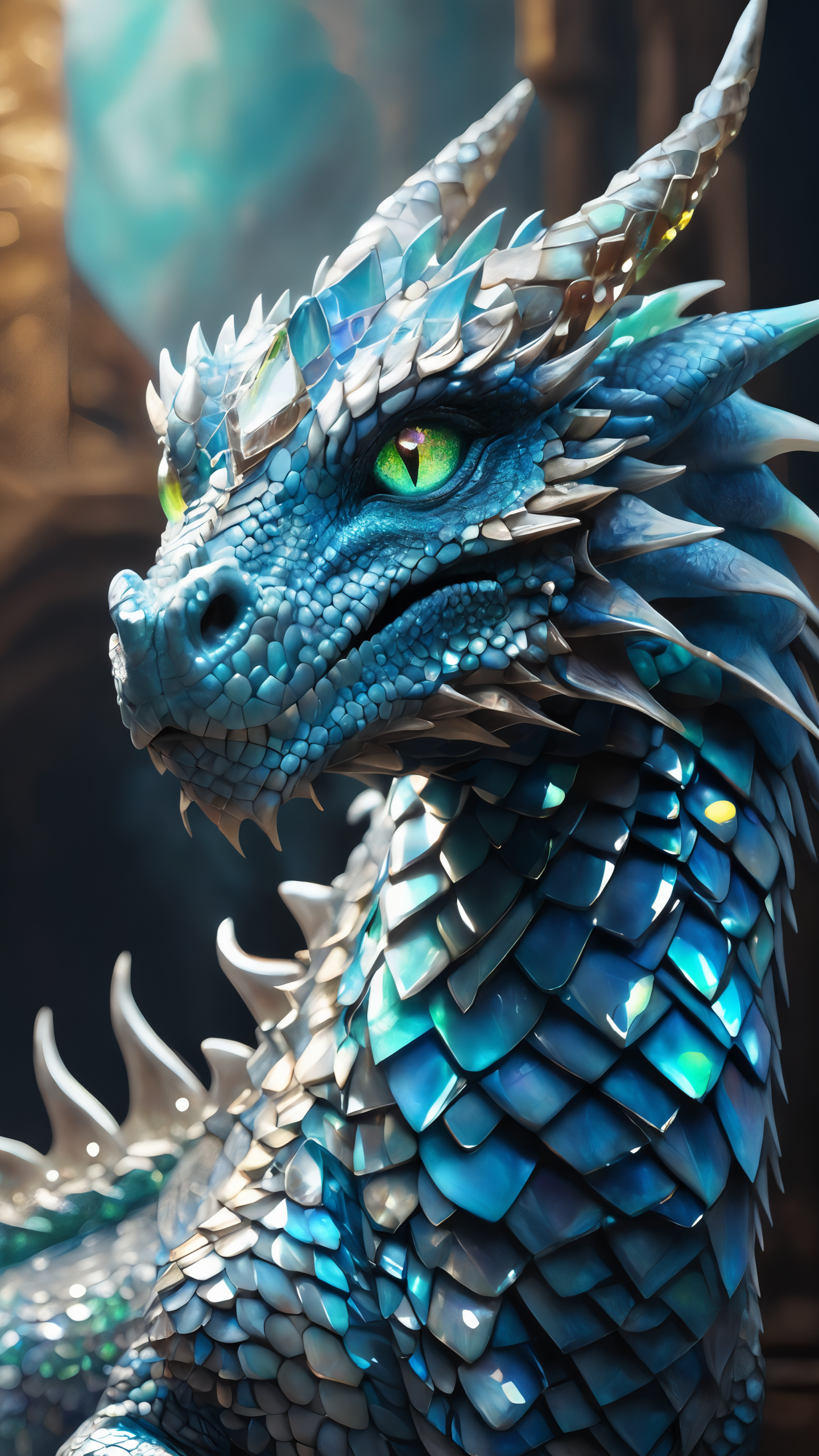 A beautiful portrait photograph of a dragon with diamond and gemstone scales, opal eyes, cinematic, gem, diamond, crystal, fantasy art, hyperdetailed photograph, shiny scales, 8k resolution