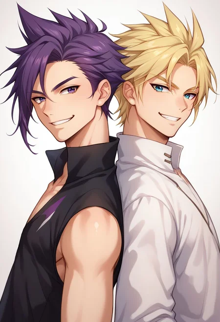 score_9, score_8_up, source_anime, highly detailed,
multiple boys, blonde hair, 2boys, male focus, smile, purple hair, blue eyes,
purple eyes, grin, looking at viewer, spiked hair, back-to-back