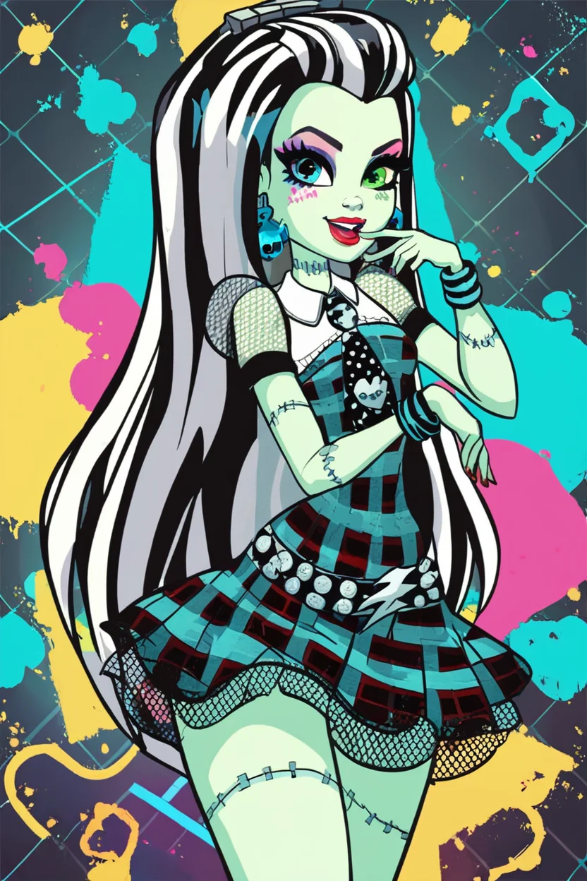 score_9, score_8_up, score_8, medium breasts, (curvy), cute, eyelashes, BREAK, , zzFrankie, heterochromia, blue eyes, green eyes, multicolored hair, aqua skin, streaked hair, black hair, white hair, long hair, stitches, jewelry, earrings, makeup, lipstick, plaid dress, skirt, bracelet, <lora:Frankie_MH_PDXL:1.0>, , BREAK, smile, looking at viewer, cowboy shot, ,,, embedding:zPDXL, <lora:DiivesP1:0.7>,