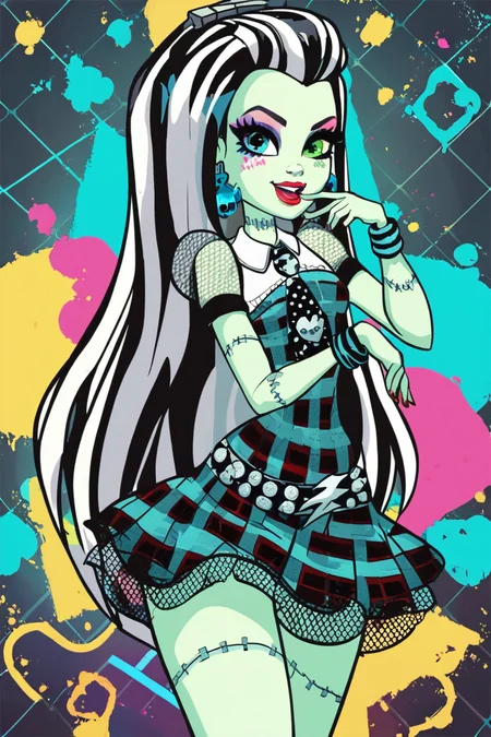 score_9, score_8_up, score_8, medium breasts, (curvy), cute, eyelashes, BREAK, , zzFrankie, heterochromia, blue eyes, green eyes, multicolored hair, aqua skin, streaked hair, black hair, white hair, long hair, stitches, jewelry, earrings, makeup, lipstick, plaid dress, skirt, bracelet, <lora:Frankie_MH_PDXL:1.0>, , BREAK, smile, looking at viewer, cowboy shot, ,,, embedding:zPDXL, <lora:DiivesP1:0.7>,