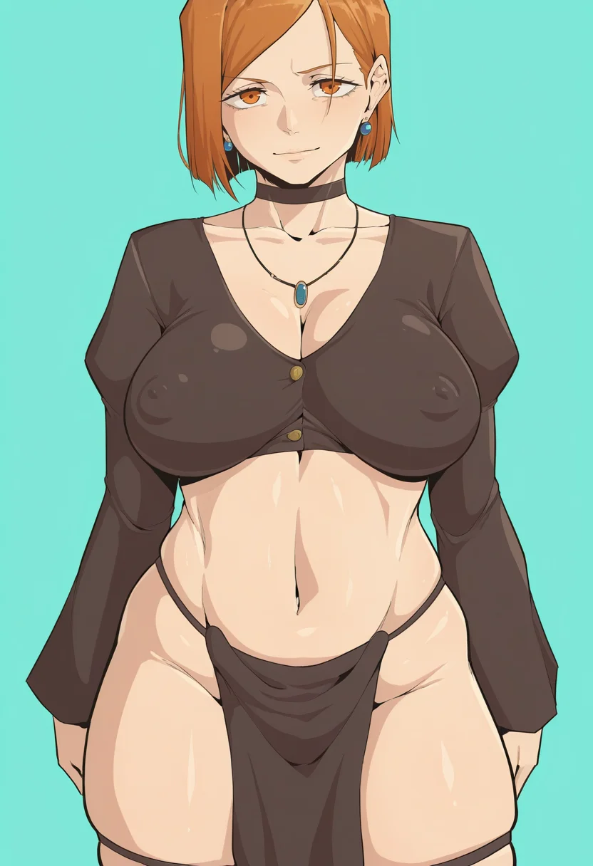 masterpiece, best quality,<lora:owasobi:1> 0w4s0b1,
1girl, solo,
Straight-on
looking at viewer, light smile,
kugisaki nobara, short hair, orange eyes, orange hair,
long sleeves, choker, necklace, midriff, covered nipples, navel, loincloth, earrings, cleavage, collarbone, jewelry, skindentation, impossible clothes,
simple background, Turquoise background,