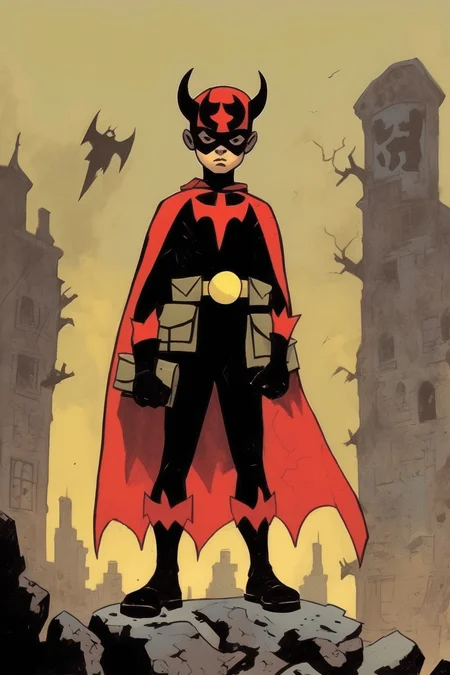 <lora:Mike Mignola Style:1>Mike Mignola Style - pre-teen superhero wearing a devil costume during World War Two x Mike Mignola