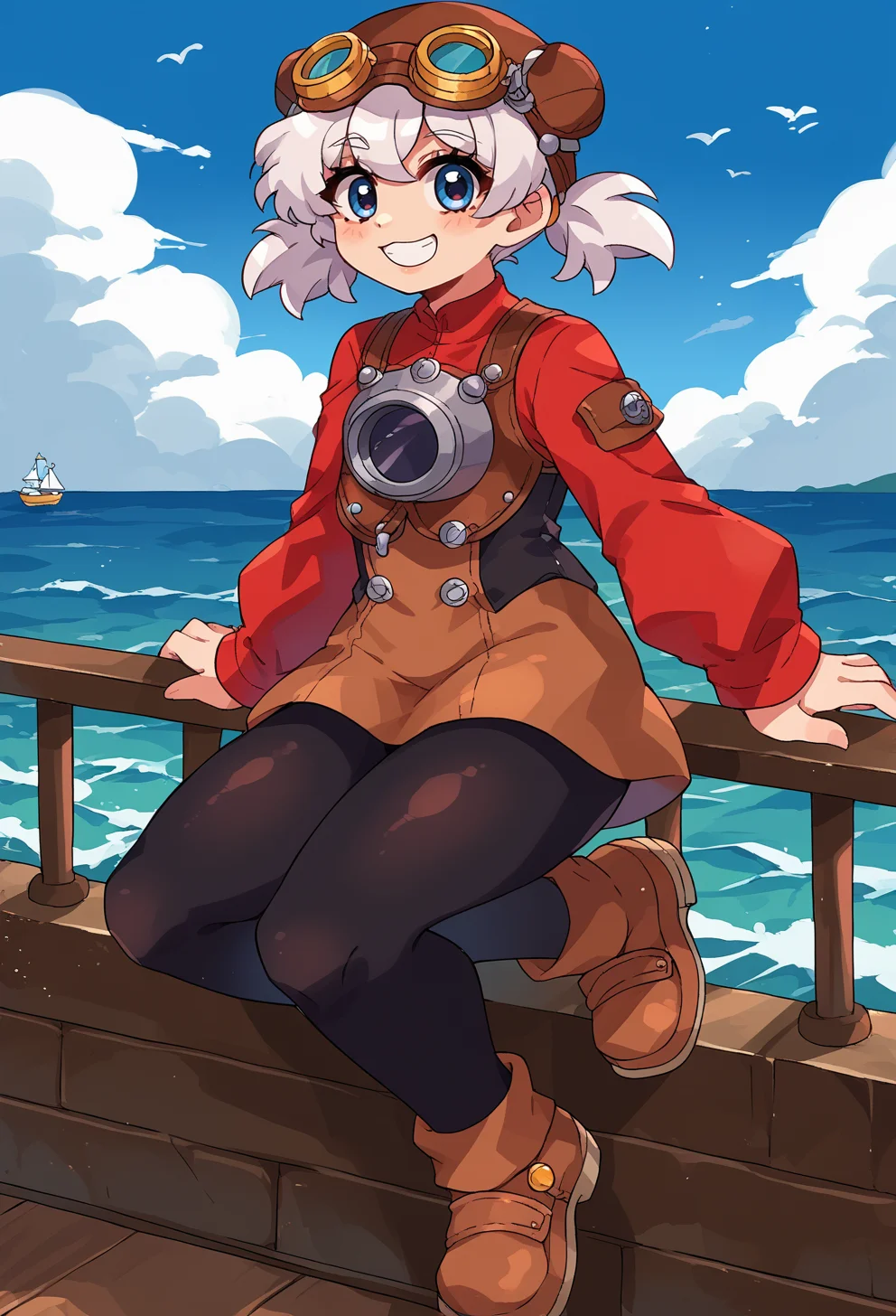 score_9, score_7_up, source_anime, BREAK solo, <lora:Pratty_XL:1> Pratty, blue eyes, short hair, white hair, short twintails, hair through headwear, goggles, brown headwear, red shirt, short over long sleeves, black long sleeves, red skirt, black pantyhose, leather breastplate, brown footwear, smile, ocean, shore, against railing, <lora:Momoiiroo_Art_Style_PonyXL:1> momoiiroo,