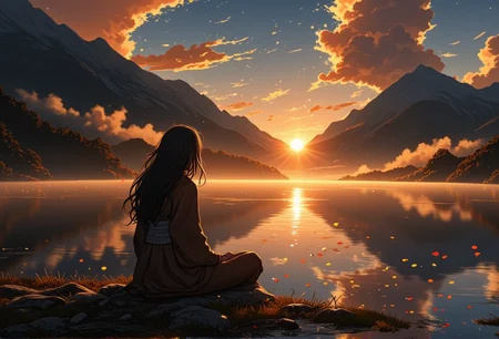 golden hour scene of a person lost in thought beside a calm lake. The scene showcases sun rays breaking through misty clouds, with rolling mountains in the background. The lighting casts vivid, golden highlights, enhancing the surreal beauty of the landscape. The figure is dressed in bohemian attire, adding a mysterious allure. Small details, like petals drifting on a gentle breeze, bring an extra layer of magic and realism to the scene.}bv-stuanilan<lora:bv-stunning-anime-landscape-v1.safetensors:1.0:1.0>