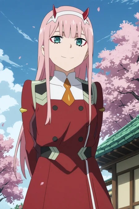 zero two,1girl,solo,long hair,horns,green eyes,smile,bangs,looking_at_viewer, orange necktie,red jacket,short necktie,white gloves,eyeshadow,makeup,leaning_forward,arms_behind_back BREAK outdoors,blue sky,cloudy_sky,cherry_blossoms <lora:Zero_Two_-_Darling_in_the_franxx.safetensors:0.8> <lora:detailed_backgrounds_v2.safetensors:0.5>