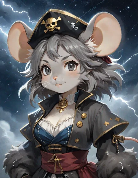 highly detailed, masterpiece, best quality, official art, anime style, (mouse girl), furry body, Pewter Gray fur, slight smile, dressed in pirate clothing, character portrait, upper body, thunderstorm, and heavy fog,, in the sky is constellation , <lora:Anime_Furry_Style_SDXL:0.8>