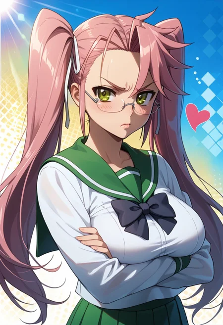 score_9, score_8_up, score_7_up, 1girl, solo, looking at viewer, anime coloring, upper body, close-up, portrait, mature female,
<lora:Saya_Takagi_Dwnsty:0.8>, saya_takagi, pink hair, brown eyes, long hair, twintails, glasses, hair ribbon, school uniform, serafuku, green skirt, pleated skirt, black bowtie, long sleeves,
lips, large breasts, skindentation, double v, annoyed, blush, crossed arms,
sunlight, abstract background, argyle background, rainbow, heart,
<lora:Hotd_Artstyle_Dwnsty:0.7>