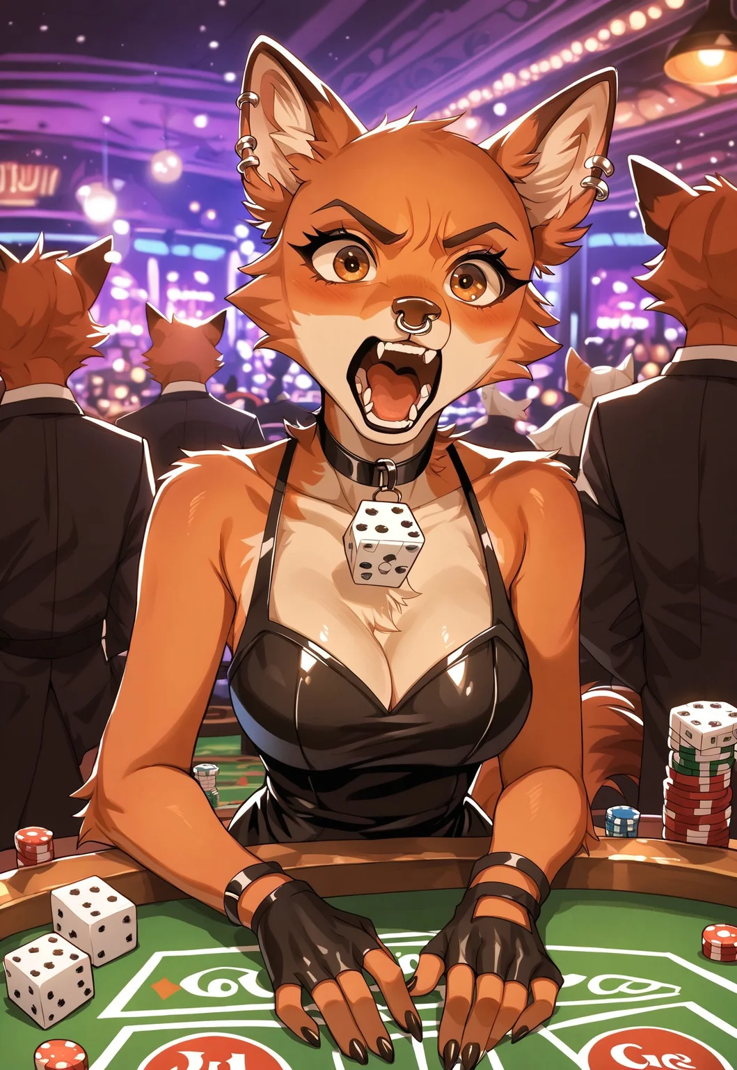 safe_pos, score_9, score_8_up, score_7_up, score_6_up, score_5_up, source_furry, furry, fur, flurry, solo, portrait,
BREAK 1girl, ((solo:1.8,)) sitting in casino table playing games, white exclamation mark, Foxy_Liars_Bar, orange fur, two tone fur, brown eyes, nose piercing, ears piercing, fingerless gloves, black stockings, black dress, paws, tr1ck0rtr3at, black fingernails, punky, casino games, spotlight, ((holding casino dice1:2, white dice,)) open mouth, shouting, gambling, cleavage, medium breasts, (black clothes:1.2), aggressive sexy expression,
BREAK casino, casino table, poker night, offscreen male holding playing cards, casino chips, ((colorful, fantastic lights and shadows:1.2, post processing))