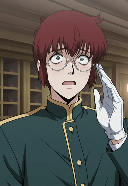 masterpiece, best quality, amazing quality, very aesthetic, absurdres, HotelClerkGuy, 1boy, red hair, short hair, green eyes, glasses, freckles, green jacket, white gloves, hand up, nervous, sweat, open mouth, upper body, hotel, three quarter view