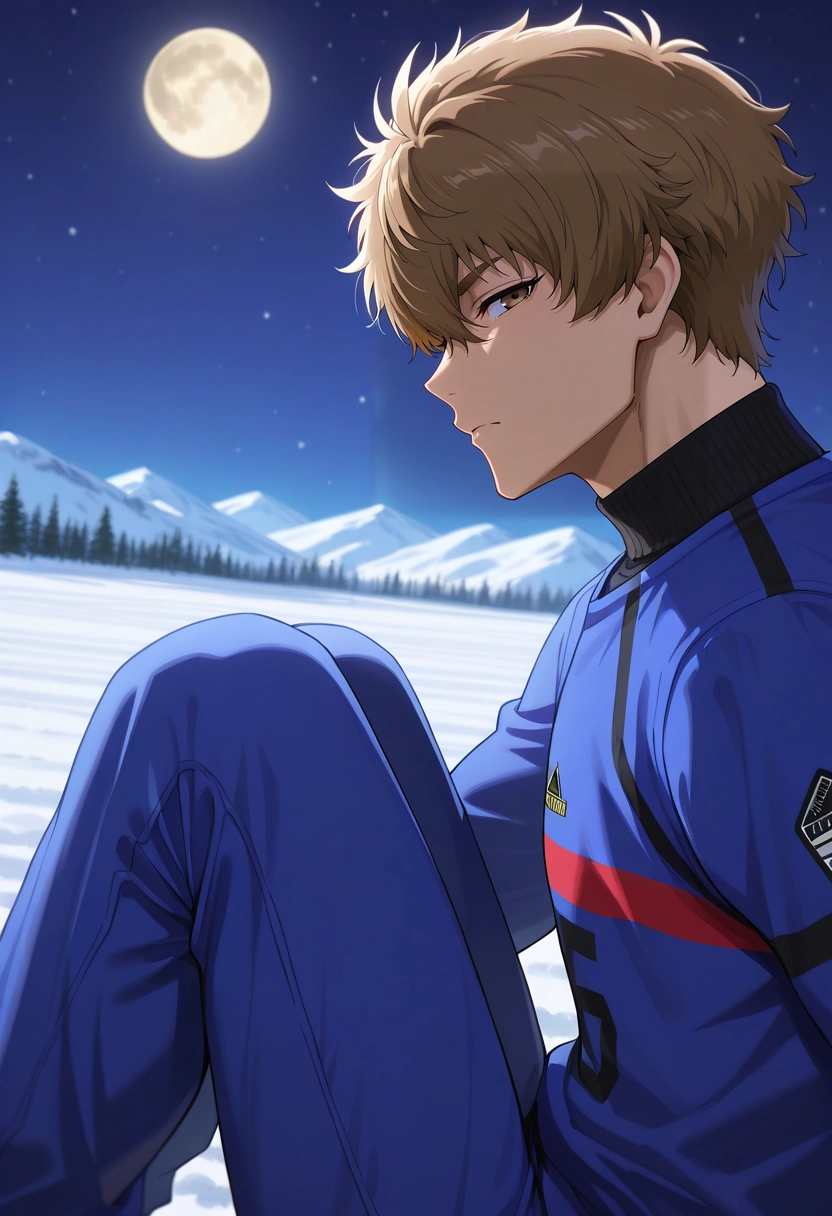 masterpiece, best quality, , , looking at viewer, 1boy, solo, male focus, <lora:asahi_naruhaya_ilxl:0.94>, asahi_naruhaya, brown hair, brown eyes, short hair, hair between eyes, bangs, sportswear, profile, snowy mountain, night, full moon, knees up, squinting, Chenille Herringbone PlumPurple Denim joggers, Terry cloth Striped crew neck sweater, , ,