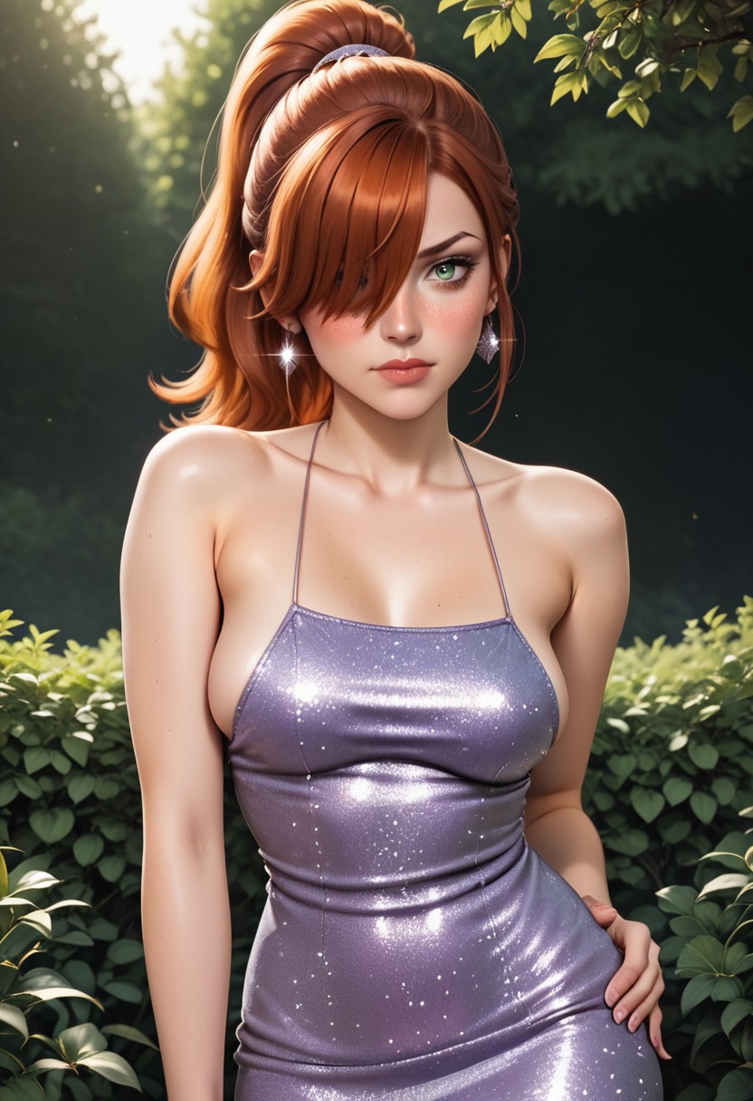 score_9, score_8_up, score_7_up, deep skin, shiny skin, skindentation, source_realistic, high quality, highres, solo, (curvy), ((wide hips)),, thick thighs, cute, , sexy, medium breasts, 1girl, western, H&M_PGD3, light purple dress, camisole dress, short dress, thin straps, sparkly dress, redhead, freckles, green eyes, high ponytail, swept bangs, hair over one eye,, hair between eyes, sideboob, beautiful face, blush, ahoge, cute face, perfect body, perfect face, beautiful eyes, outside, earrings, hand on hip, frown