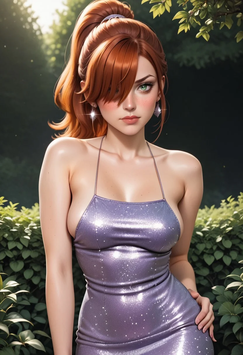score_9, score_8_up, score_7_up, deep skin, shiny skin, skindentation, source_realistic, high quality, highres, solo, (curvy), ((wide hips)),, thick thighs, cute, , sexy, medium breasts, 1girl, western, H&M_PGD3, light purple dress, camisole dress, short dress, thin straps, sparkly dress, redhead, freckles, green eyes, high ponytail, swept bangs, hair over one eye,, hair between eyes, sideboob, beautiful face, blush, ahoge, cute face, perfect body, perfect face, beautiful eyes, outside, earrings, hand on hip, frown