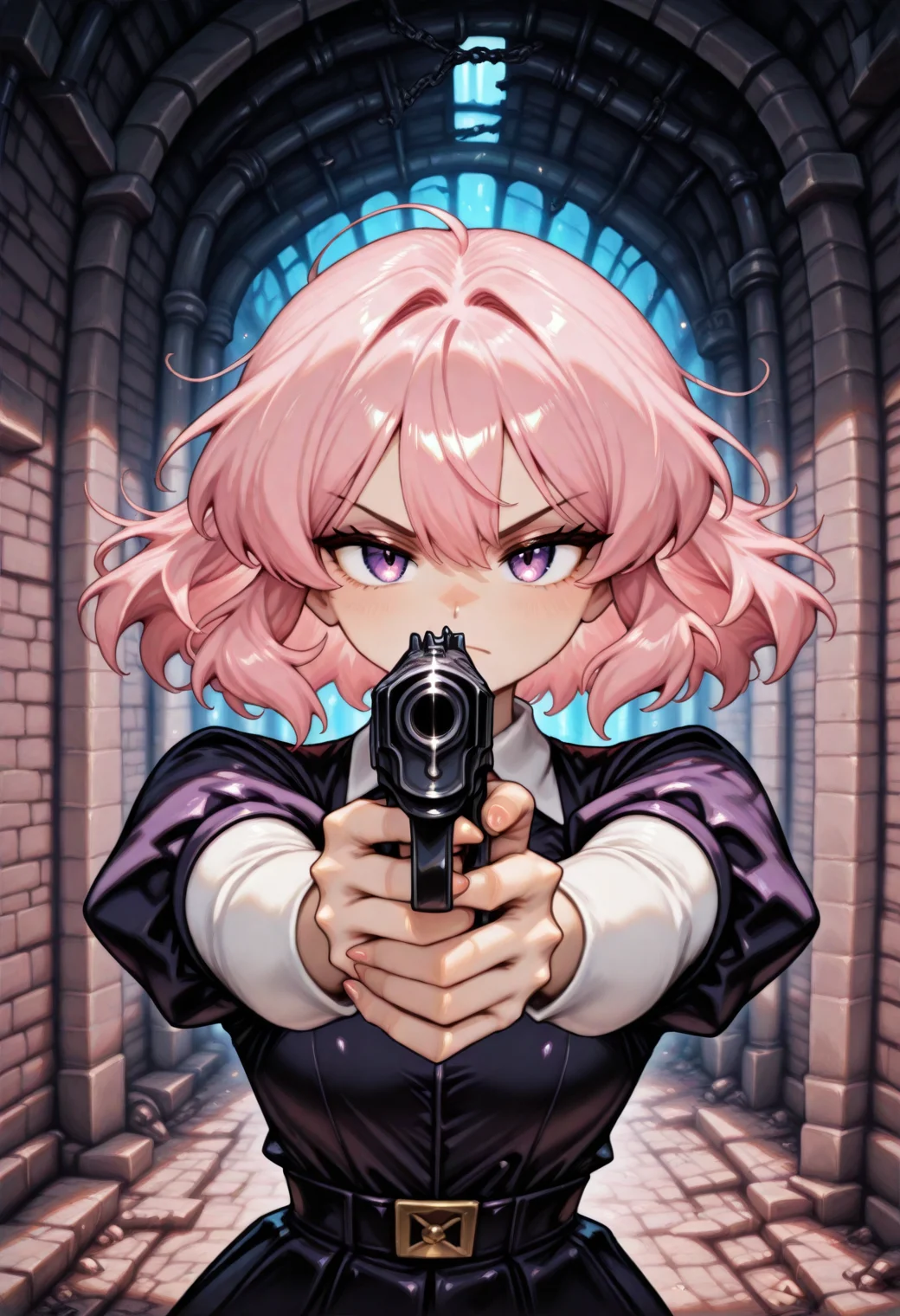 vwstyle, anime, masterpiece, best quality, very aesthetic, newest, 2024, 1girl, solo, civchan, pistol, holding, aiming at viewer, dark alley background