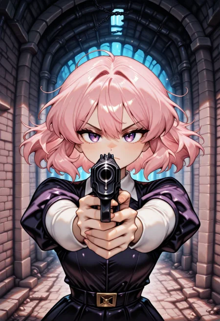 vwstyle, anime,  masterpiece, best quality, very aesthetic, newest, 2024, 1girl, solo, civchan, pistol, holding, aiming at viewer, dark alley background