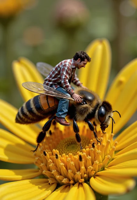 tilt shift photography, closeup, raw photo, a miniature man with a look of excitement on his face riding on the back of a bumblebee as if riding a horse, flying over a flower