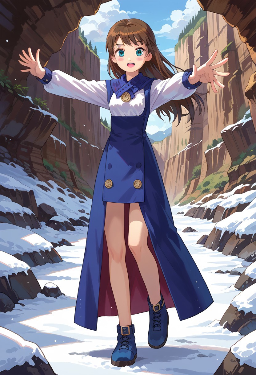 score_8, score_8_up, score_7_up, source_anime, anime screenshot,  1girl, female focus, solo, Amer_SN2, long hair, bangs, brown hair, hirt, brooch, dirndl, long sleeves, white sleeves, sleeve cuffs, overall skirt, overskirt, buttons, bare knees, legs, shoes, ankle strap, blue footwear,  standing, full body, reaching towards viewer, canyon, ice, snow, frozen, outdoors