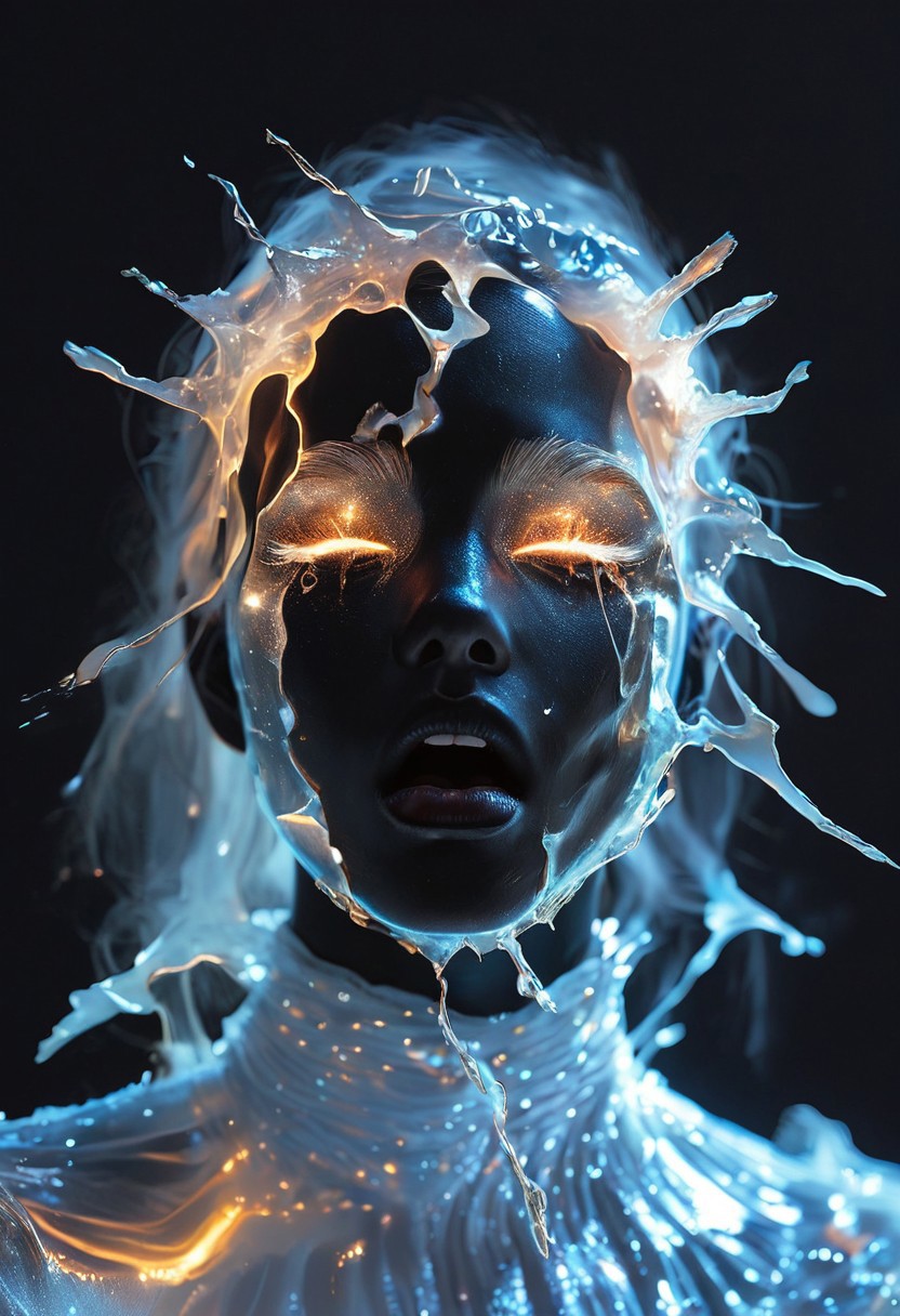 score_9, score_8_up, score_7_up, The shards are predominantly silver with hints of gold, blue, and pink, creating a mesmerizing, multi-colored effect that reflects light in a kaleidoscopic manner. The face is abstract yet recognizable, with closed eyes, a slightly open mouth, and a serene expression. The shards are arranged to form the contours of the face, including the nose, cheeks, and jawline, with some pieces overlapping and others protruding. BREAK, The image is a high-resolution photograph of a person's face, taken in a dramatic, almost surreal style. The subject is a woman with black hair, a fair complexion and striking features. Her body is covered with a black translucent fabric that drapes over her shoulders, creating a ghostly, ethereal effect, which contrasts sharply with the black skin and the black film, white tears, crying, black background