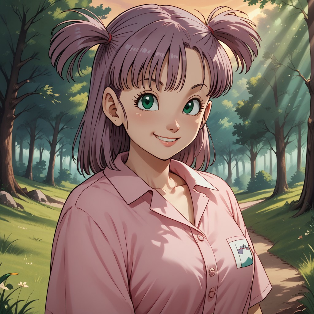 score_9, score_8, BREAK, solo, bulma, blue hair,green eyes one side up, cute girl, pink shirt,shirt, , collarbone, short sleeves, off shoulder, oversized shirt, naked shirt, oversized clothes, sexy pose, self portrait, smile, outdoors, sunlight, shadows, evening lighting, natural lighting, forest, trees, grass, orange sky, sunset