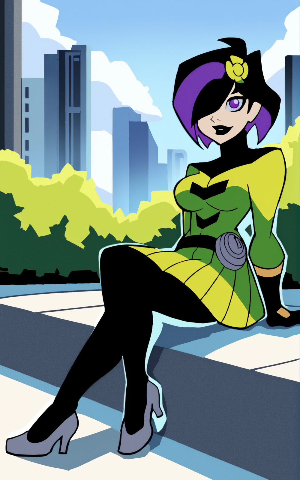 score_9, score_8_up, score_7_up,((best quality)), absurdres,((full body)),  <lora:3d-2d:0.8>, <lora:SVPXL:0.8>,SVPXL,black lips, pleated skirt, multicolored hair, black hair, purple hair,gloves, short hair, high heels, two-tone hair, black pantyhose, green dress, long sleeves, turtleneck, hair over one eye, hair ornament, grey footwear,purple eyes, sitting, park, futuristic city, belt