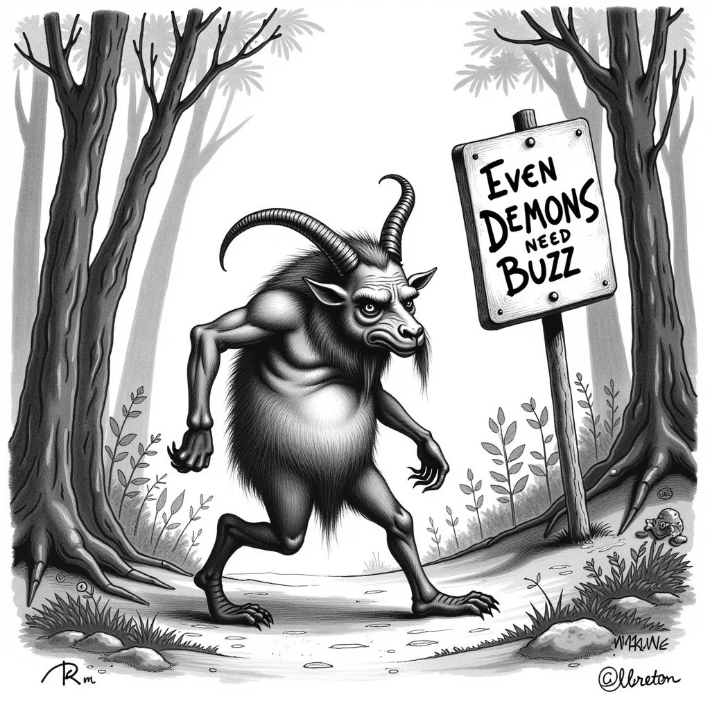 monochrome chalk sketch by llbreton featuring a creature that is a demon. It is a saddened demon with legs of a goat walking through the forest with a sign saying "Even Demons Need Buzz"