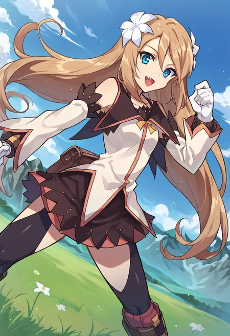 score_9,score_8_up,score_7_up,source_anime,zPDXL3,outdoors,day,cloud,blue sky,grass,field,mountain,
*//*,<lora:MartaLualdi-Pony:1>,martalualdi,1girl,solo,long hair,brown hair,blue eyes,hair ornament,hair flower,flower,knee boots,gloves,detached sleeves,skirt,black thighhighs,bag,
*//*,looking at viewer,cowboy shot,dutch angle,dynamic pose,smile,