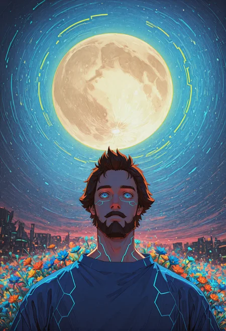 concept art (masterpiece,best quality,amazing quality,absurdres),
<lora:iluha:0.8> iluha, 1boy, male focus, beard, brown hair, solo, facial hair, blue eyes, mustache, short hair, thick eyebrows, abstract, colorful, upper body, ,moon,flower, water
 <lora:NOOB_vp1_detailer_by_volnovik_v1:1> <lora:illustrious_quality_modifiers_masterpieces_v1:1>  (cyberpunk:1.2) <lora:illustrious_h_v2:0.5> <lora:DarkerThanBlackIllustrious:0.7> naight, from above <lora:114558v4df2fsdf5:1> 15546+456868 . digital artwork, illustrative, painterly, matte painting, highly detailed