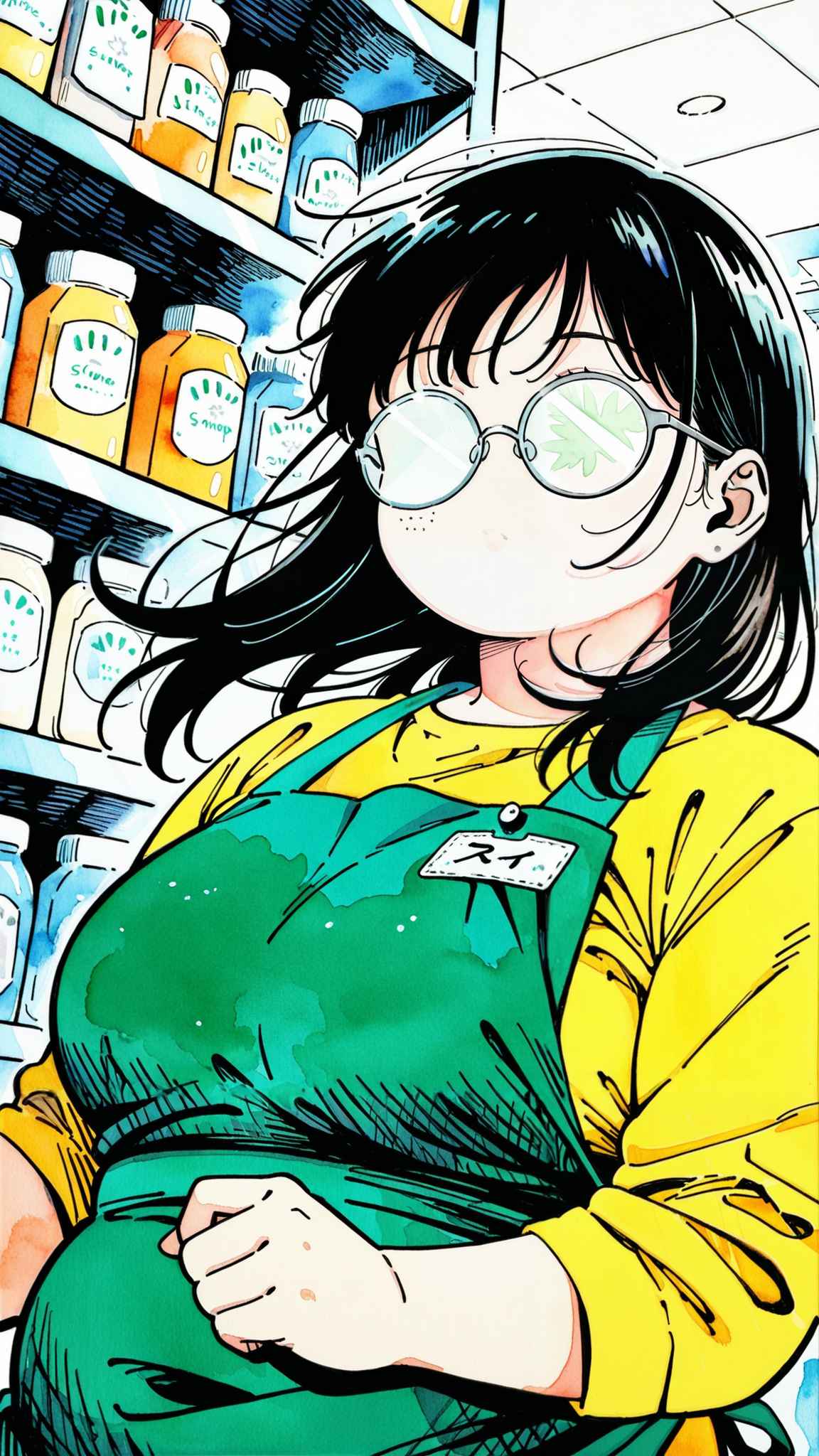 1girl, (plump face:1.4), round eyewear, (watercolor effect:1.5) (millipen \(medium\):1.4),  (no mouth:1.5), high quality,  detailed, (reflective glasses:1.5), opaque glasses, (linear hatching:1.4), green apron, yellow shirt, name tag, shop, dynamic angle, detailed background, short black hair, floating hair, emphasis lines, motion blur, limited palette, (sakamoto days:1.6),