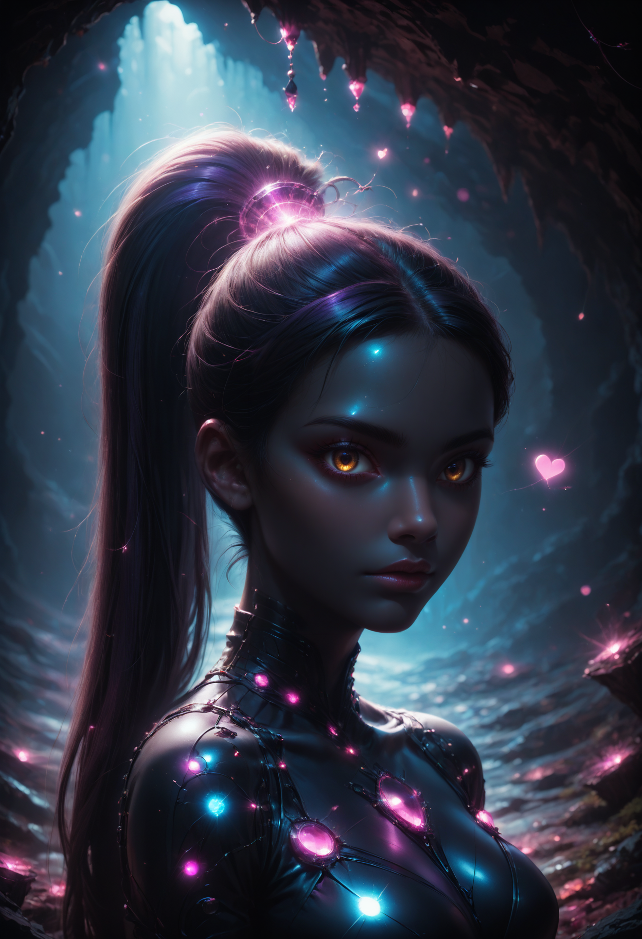 score_9,score_8_up,score_7_up, sorce_real, 8k, hd, (1 girl, brown eyes, high ponytail, bioluminescent latex suit, seij, <lora:Seij-000001:1>), cute and mischievous, black suit, purple details, neon colored glowing particles in the black skin, black skin with neon pink bioluminescence, cinematic light, looking at viewer, dark, night, mysterious atmosphere, floating hearts, beautiful  creatures, flies through a dark stalactite cave at night, bioluminescent icicles on the walls, everything is shrouded in darkness.  <lora:SDXLFaeTastic2400:0.25>, cave by Jed-Cosmos  <lora:Jed-Cosmos-sdxl:0.25>  <lora:ral-swarcrystl-sdxl:0.7> multicolored gemstones made of ral-swarcrystl, black gloves with glowing jewels, side view