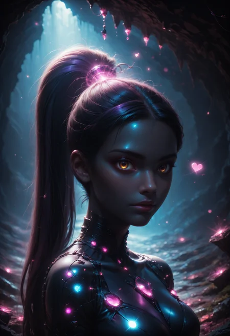 score_9,score_8_up,score_7_up, sorce_real, 8k, hd, (1 girl, brown eyes, high ponytail, bioluminescent latex suit, seij, <lora:Seij-000001:1>), cute and mischievous, black suit, purple details, neon colored glowing particles in the black skin, black skin with neon pink bioluminescence, cinematic light, looking at viewer, dark, night, mysterious atmosphere, floating hearts, beautiful creatures, flies through a dark stalactite cave at night, bioluminescent icicles on the walls, everything is shrouded in darkness. <lora:SDXLFaeTastic2400:0.25>, cave by Jed-Cosmos <lora:Jed-Cosmos-sdxl:0.25> <lora:ral-swarcrystl-sdxl:0.7> multicolored gemstones made of ral-swarcrystl, black gloves with glowing jewels, side view