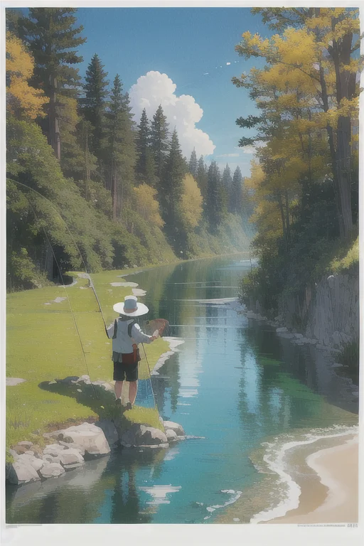 A man fishing with (fishing road:1.23),anime,river,highres,masterpiece, best quality,film poster