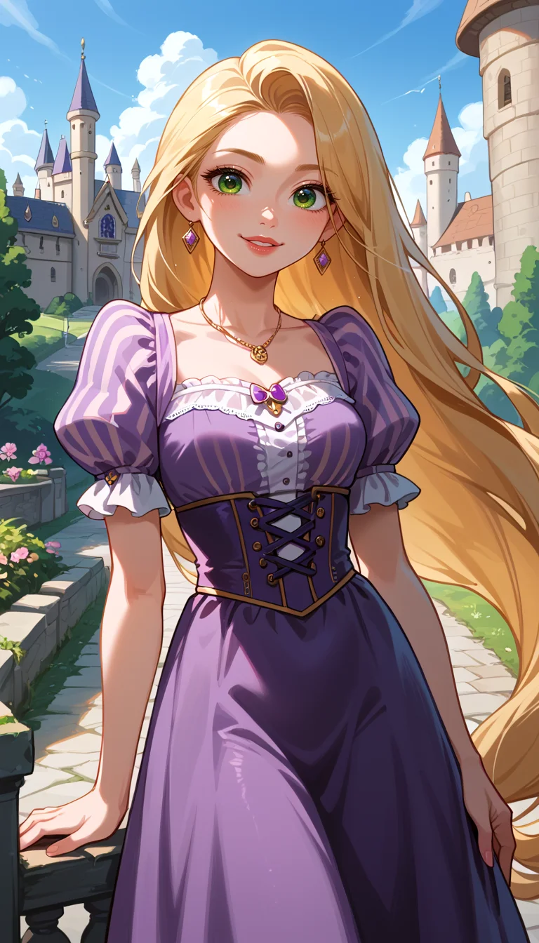 score_9, score_8_up, score_7_up, Anime Style, Cowboy Shot, Rapunzel, cute, seductive, innocent, light smile:0.3, plump lips, slender body, long blonde hair, green eyes, cinematic light, purple dress, happy, medieval castle background, depth of field, dynamic angle, fashion photography, sharp, hyperdetailed:1.15